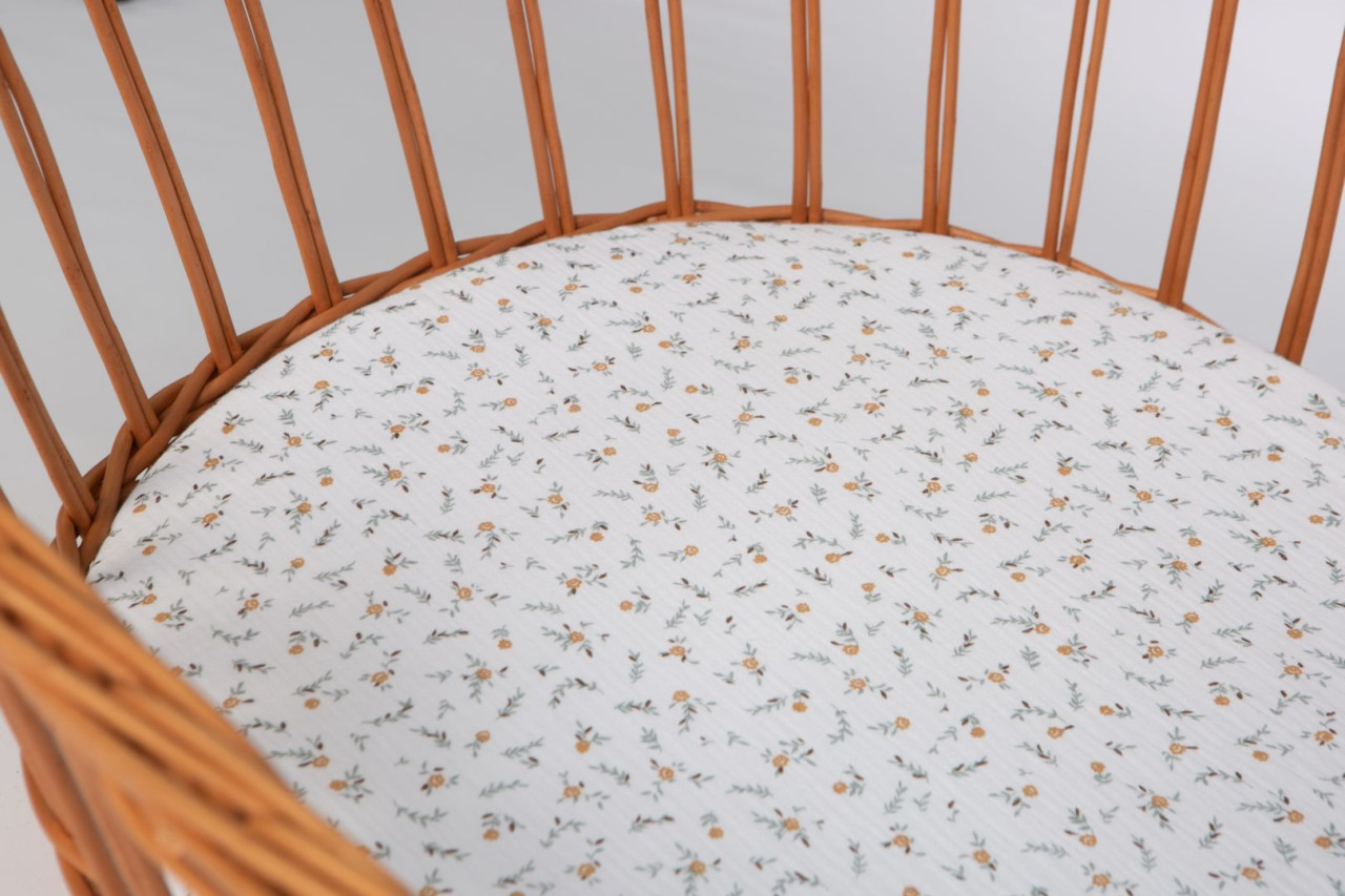 Spannbettlaken oval Musselin, weiß blumen